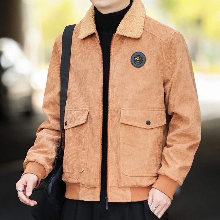 Autumn and Winter Casual Jacket Vintage Corduroy Lapel Coat, Color: Yellow Plush(2XL)