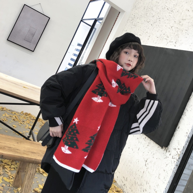 Autumn and Winter Christmas Pattern Knitted Warm All-Match Shawl Scarf(N41 Red)