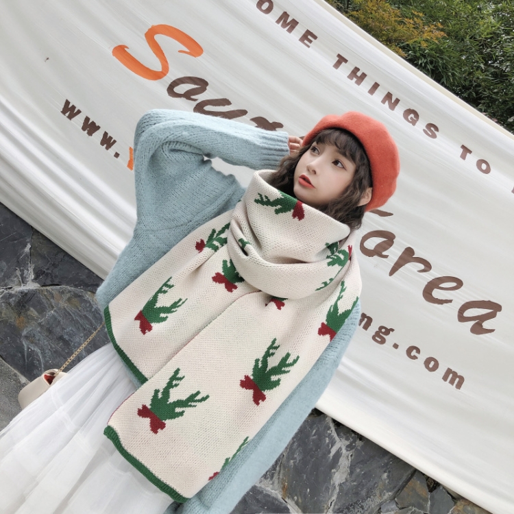Autumn and Winter Christmas Pattern Knitted Warm All-Match Shawl Scarf(P12 Beige)