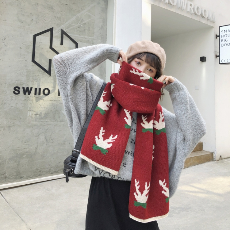 Autumn and Winter Christmas Pattern Knitted Warm All-Match Shawl Scarf(P12 Wine Red)