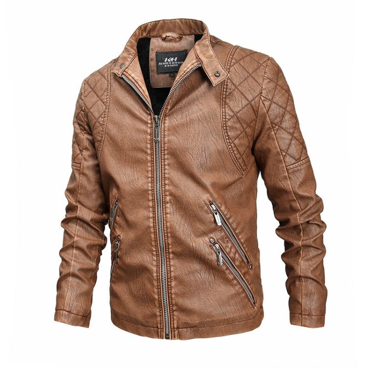 Autumn And Winter Fashion Tide Male Leather Jacket (Color:Khaki Size:4XL)