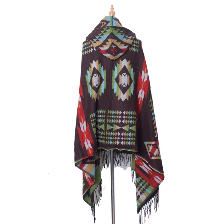 Autumn And Winter Horn Buckle Ethnic Style Hooded Cloak Shawl Bohemian Hooded Shawl, Size:135-175cm(A Style Coffee Color)
