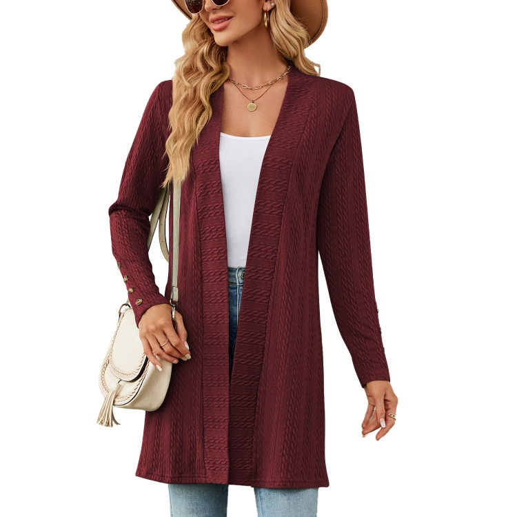 Autumn And Winter Women Button Long Sleeve Loose Cardigan Jacket, Size: M(Burgundy)