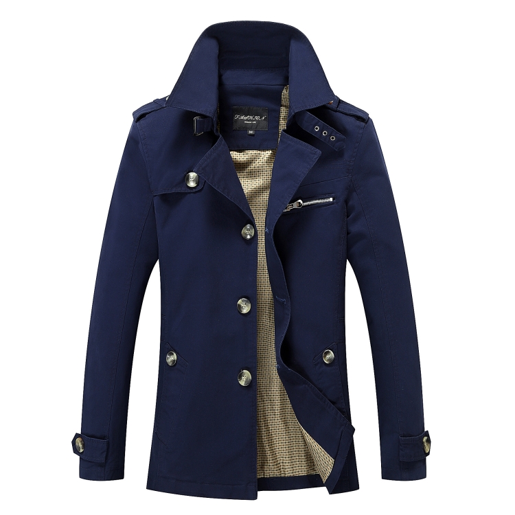 Autumn Men Mid-length Casual Windbreaker Jacket, Size: XXL(Dark Blue)