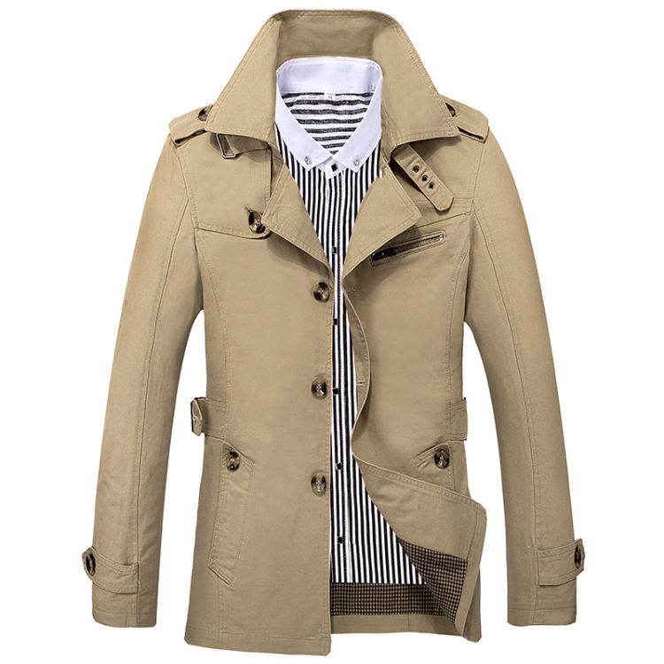Autumn Men Mid-length Casual Windbreaker Jacket, Size: XXXXL(Khaki)
