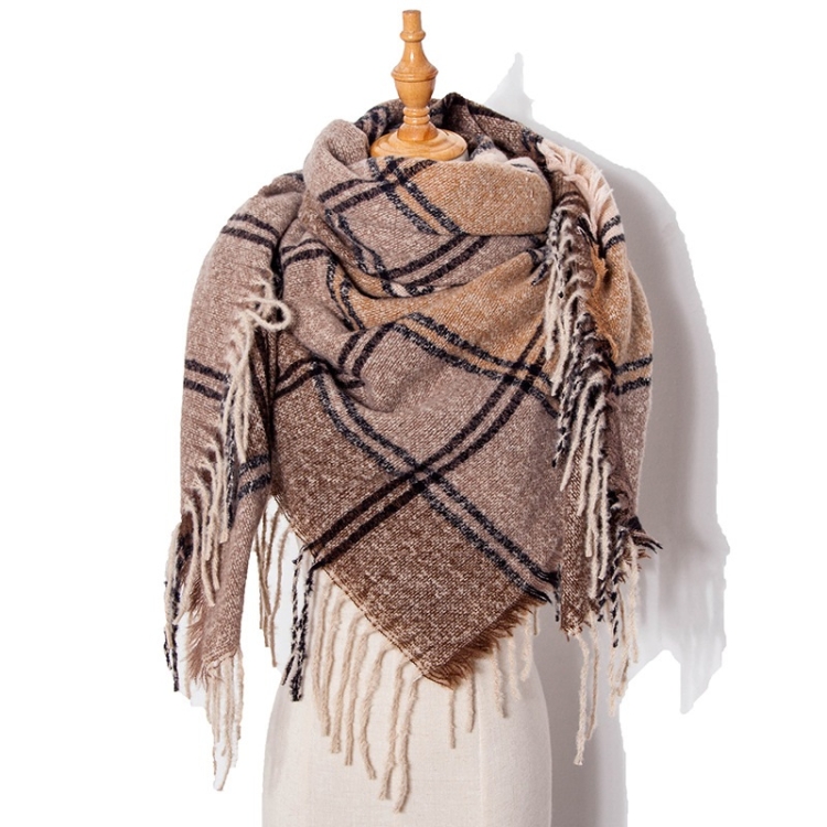 Autumn & Winter Fringed Scarf Plaid Square Scarf Thickening Ladies Shawl, Size:145cm(LS-02 Coffee)