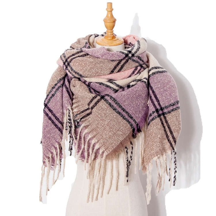 Autumn & Winter Fringed Scarf Plaid Square Scarf Thickening Ladies Shawl, Size:145cm(LS-03 Purple)