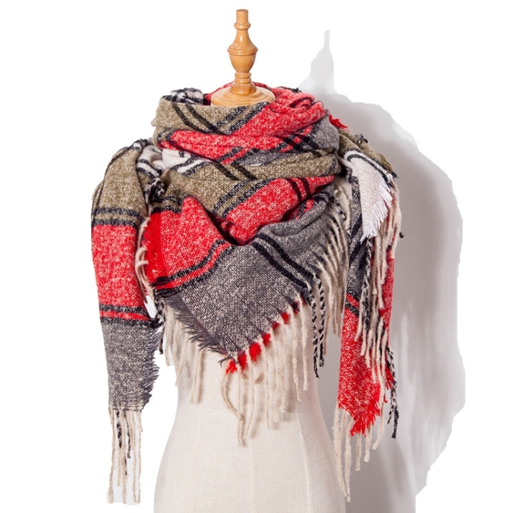 Autumn & Winter Fringed Scarf Plaid Square Scarf Thickening Ladies Shawl, Size:145cm(LS-04 Red)