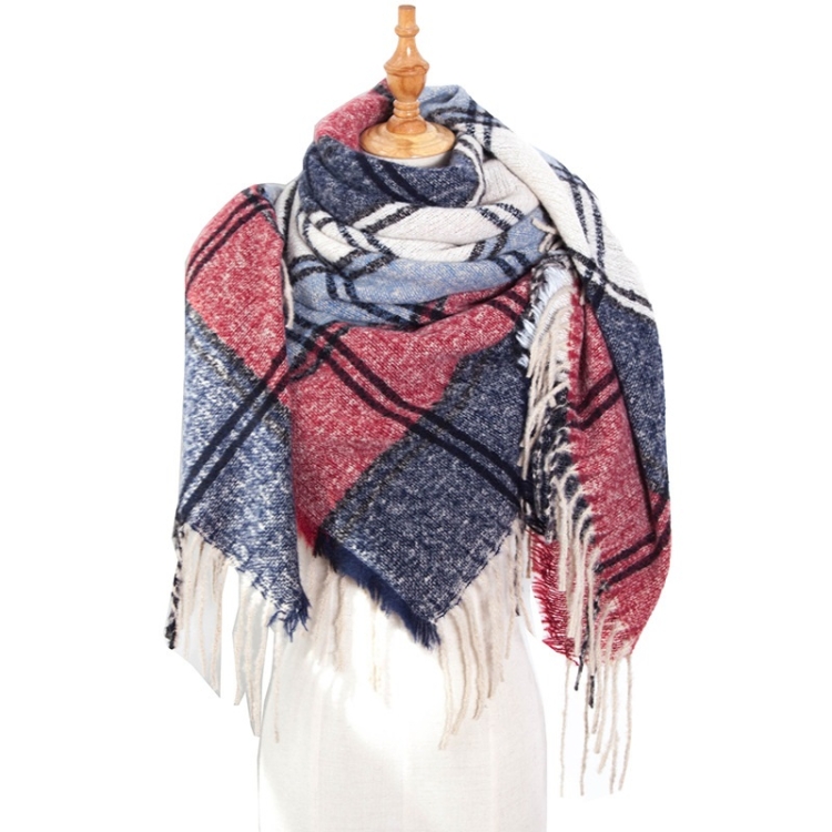 Autumn & Winter Fringed Scarf Plaid Square Scarf Thickening Ladies Shawl, Size:145cm(LS-05 Navy)