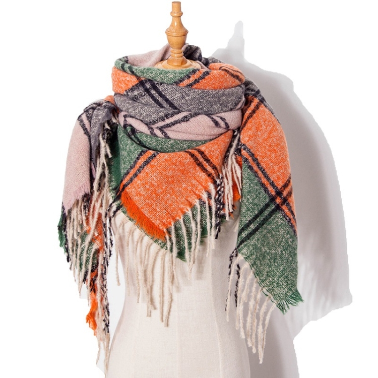 Autumn & Winter Fringed Scarf Plaid Square Scarf Thickening Ladies Shawl, Size:145cm(LS-07 Orange)