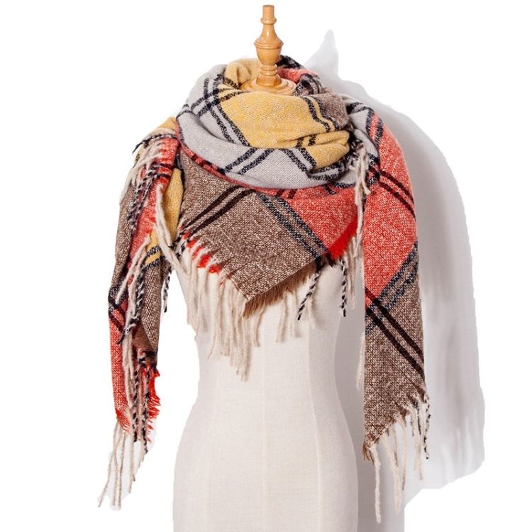 Autumn & Winter Fringed Scarf Plaid Square Scarf Thickening Ladies Shawl, Size:145cm(LS-08 Red Yellow)