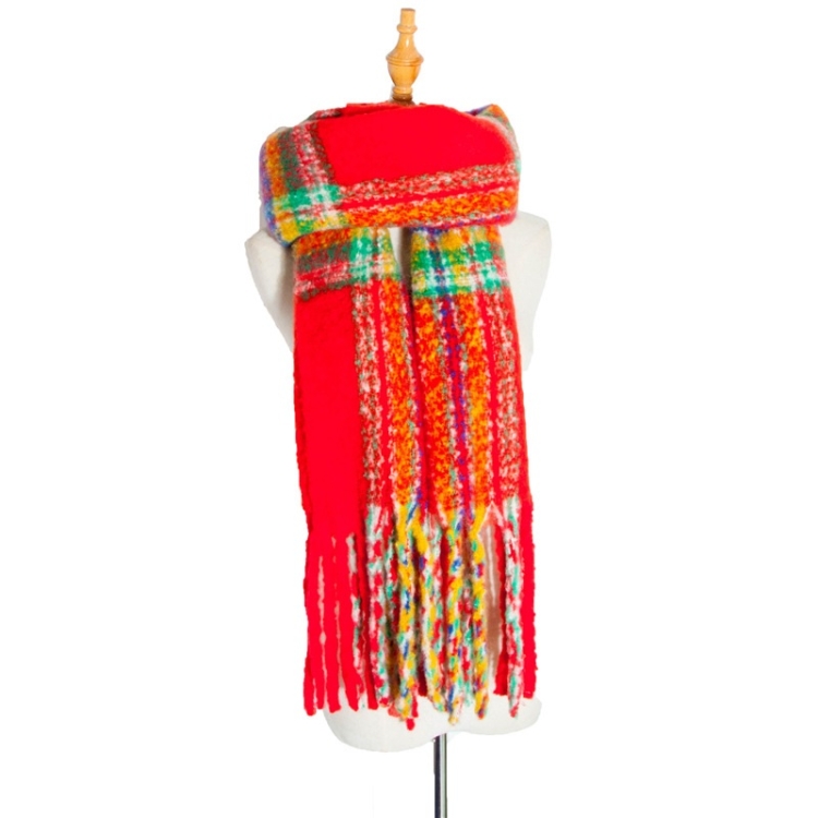 Autumn & Winter Polyester Ladies Warmth Thickened Fringed Fine Grid Scarf, Size:190cm(GWB12-01 Red)