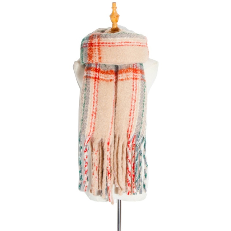 Autumn & Winter Polyester Ladies Warmth Thickened Fringed Fine Grid Scarf, Size:190cm(GWB12-03 Beige)