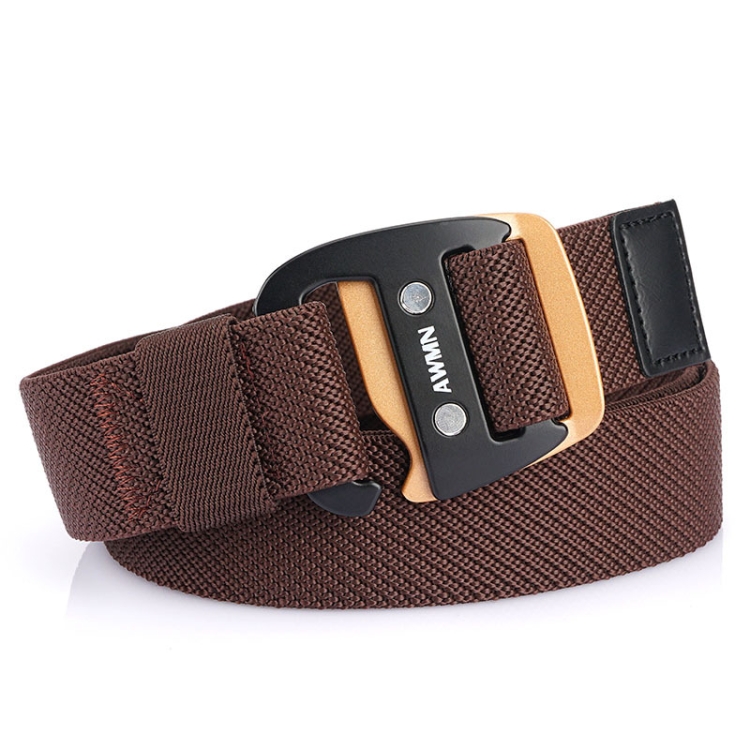AWMN Men Casual Woven Stretch Sports Hook Buckle Belt, Length: 120cm(Coffee)
