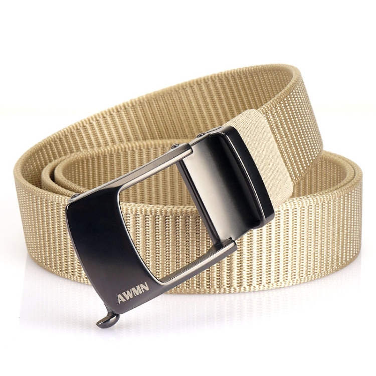 AWMN Men Nylon Cutout Automatic Buckle Toothless Belt, Length: 120cm(Khaki)