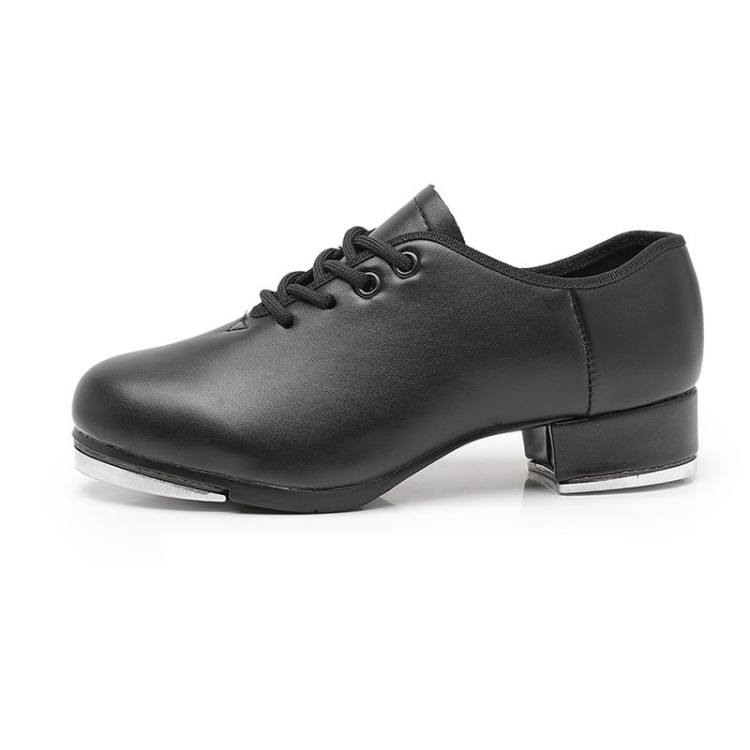 Beginners Straight Bottom Tap Shoes Black Imitation Leather Soft Bottom Shoes, Size: 34(Lace-up)