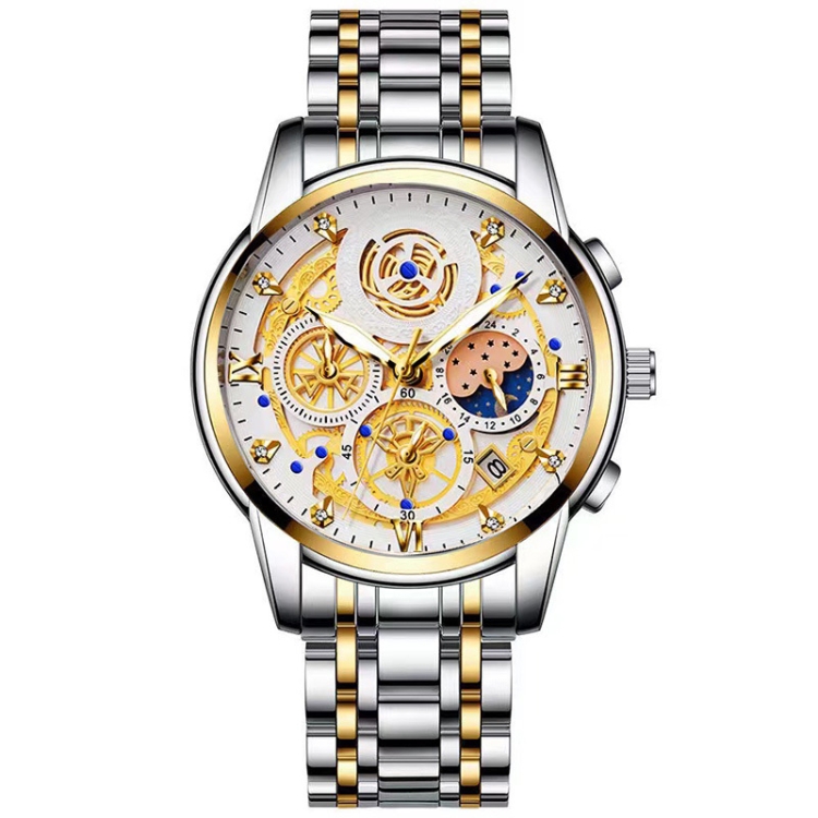 BINBOND 4010 Multifunctional Waterproof Hollowed Luminous Quartz Watch(Inter-gold White Surface)