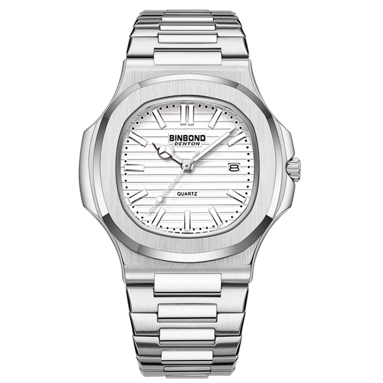 BINBOND B1885 30m Waterproof Retro Luminous Square Men Quartz Watch, Color: White Steel-White