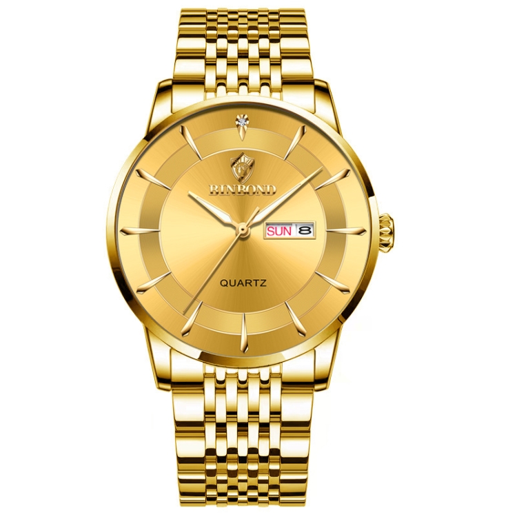 BINBOND B2077 30M Waterproof Quartz Luminous Watch Butterfly Buckle Men's Steel Belt Watch(Full-gold-Gold)