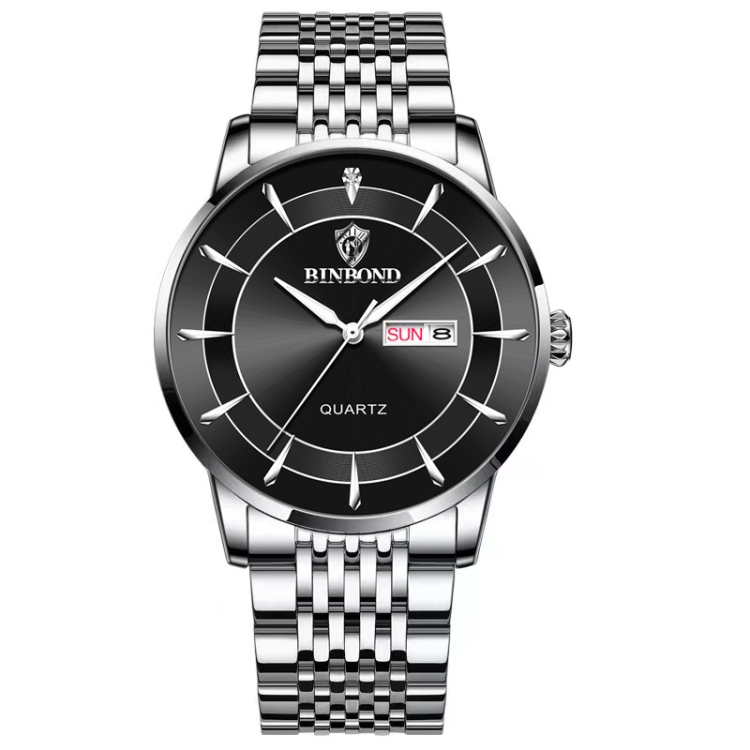 BINBOND B2077 30M Waterproof Quartz Luminous Watch Butterfly Buckle Men's Steel Belt Watch(White Steel-Black)