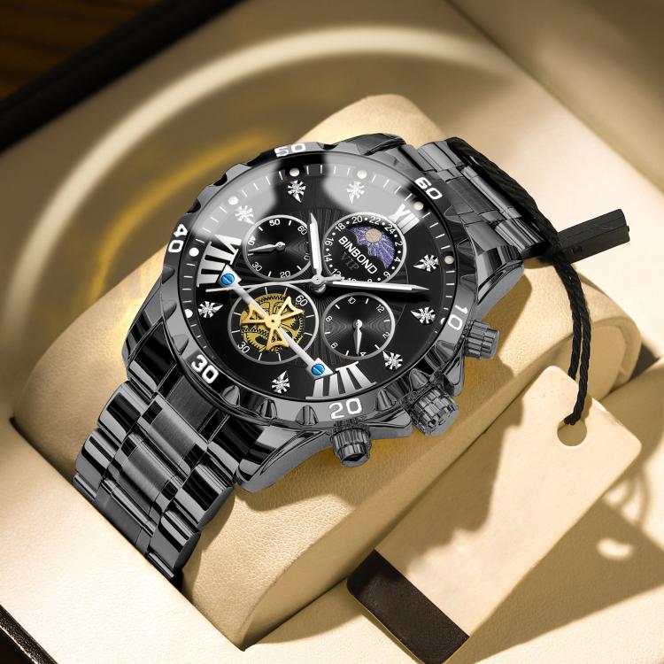 BINBOND B3103 30M Waterproof Flywheel Luminous Quartz Watch, Color: Black Steel Black-White Nail