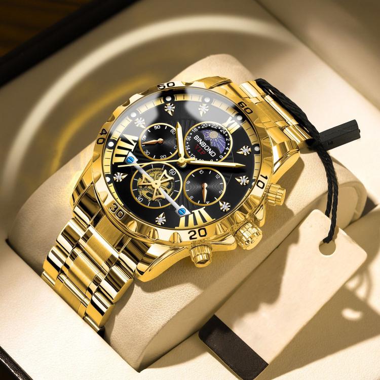 BINBOND B3103 30M Waterproof Flywheel Luminous Quartz Watch, Color: Full Gold-Black-Gold Ring