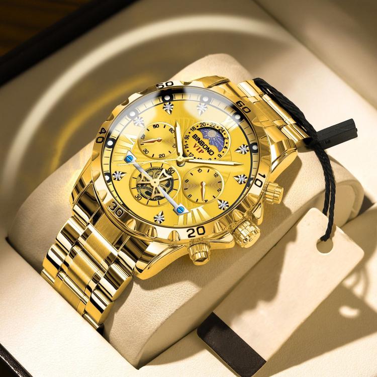 BINBOND B3103 30M Waterproof Flywheel Luminous Quartz Watch, Color: Full Gold-Gold Surface