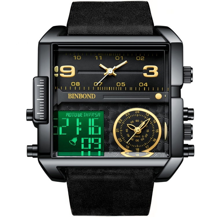 BINBOND B3332 Square Multifunctional Sports Quartz Waterproof Watch(Black Leather-Black-Black-Gold)