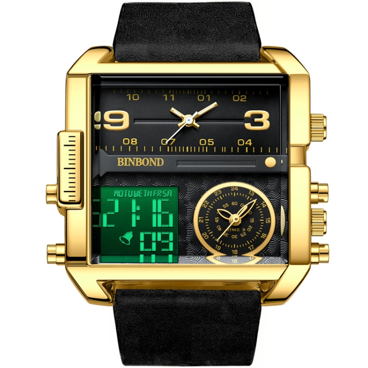 BINBOND B3332 Square Multifunctional Sports Quartz Waterproof Watch(Black Leather-Full-gold-Black)