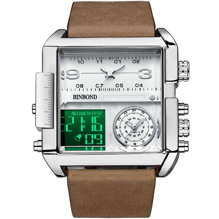 BINBOND B3332 Square Multifunctional Sports Quartz Waterproof Watch(Brown Leather-White-White)