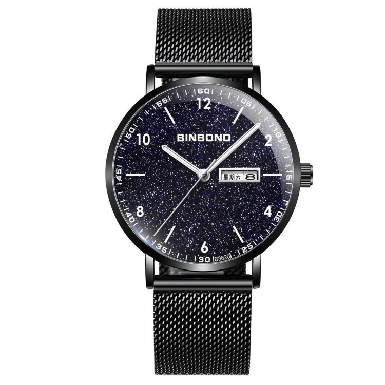 BINBOND B3820 30M Waterproof Ultra-thin Quartz Luminous Starry Watch, Color: Black Net-Black-Starry