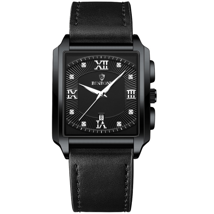 BINBOND B4143 Rectangular Outdoor Men Waterproof Quartz Watches(Black Leather-Black Steel-White)