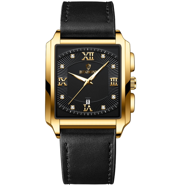 BINBOND B4143 Rectangular Outdoor Men Waterproof Quartz Watches(Black Leather-Full Gold-Black)