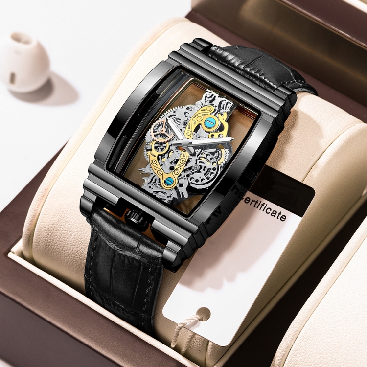 BINBOND B5011 Gear Hollow Outdoor Waterproof Luminous Men Business Watches(Black Leather Black Steel)
