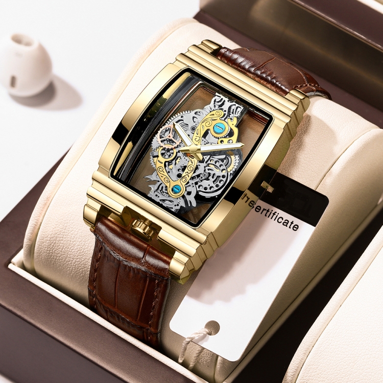 BINBOND B5011 Gear Hollow Outdoor Waterproof Luminous Men Business Watches(Brown Leather Gold)