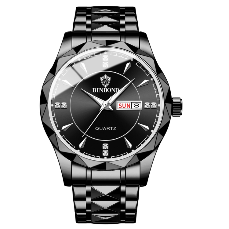 BINBOND B5552 Luminous Multifunctional Business Calendar Quartz Watch(Black Steel-Black-White)