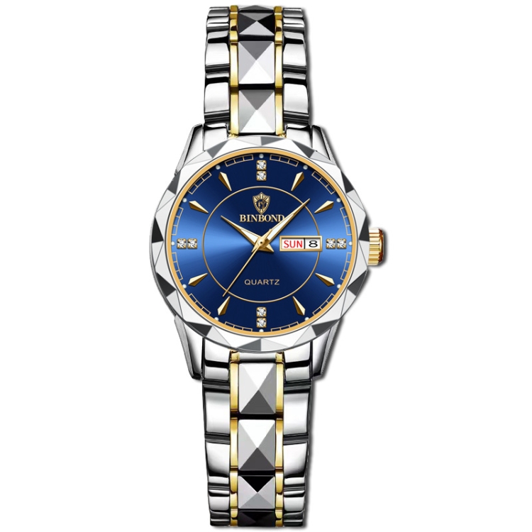 BINBOND B5552 Luminous Multifunctional Business Calendar Quartz Watch(Female-Inter-gold-Blue)