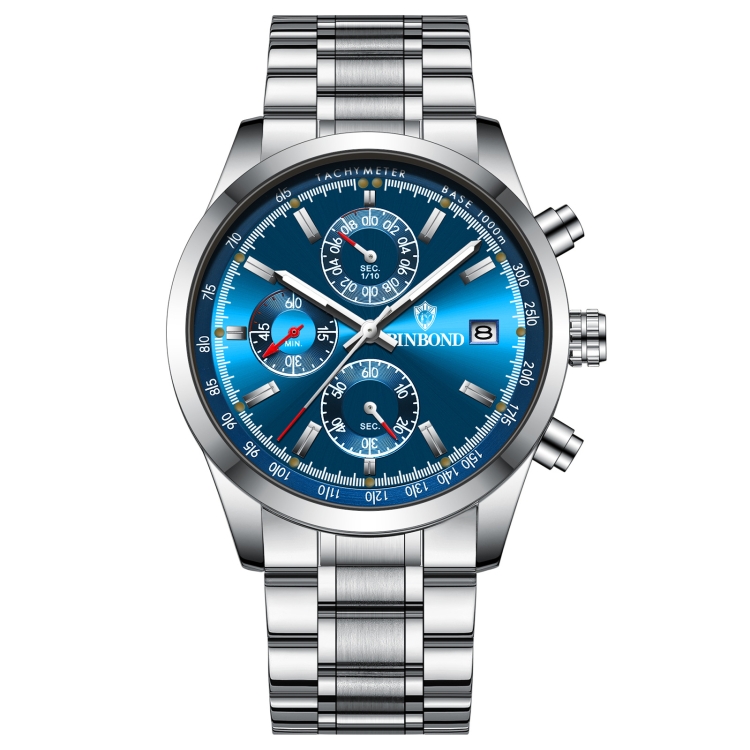 BINBOND B6022 30m Waterproof Luminous Multifunctional Quartz Watch, Color: White Steel-Blue