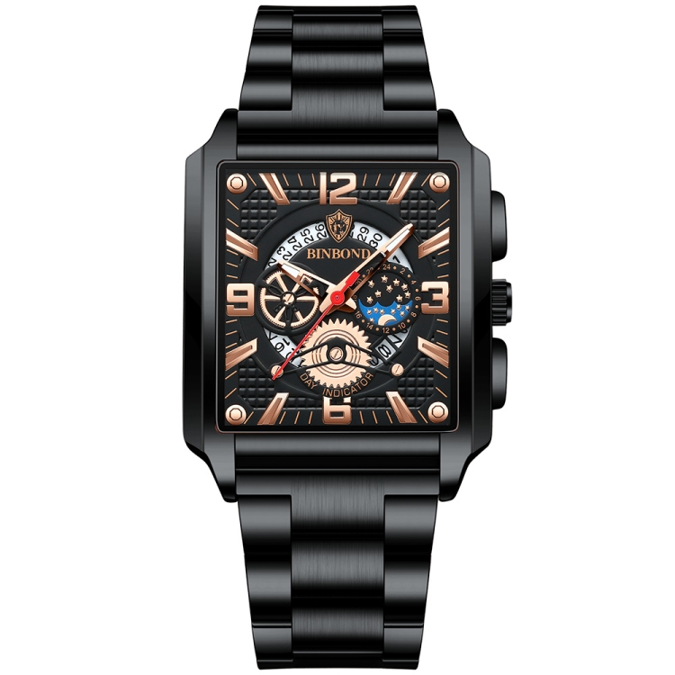 BINBOND B6575 Men Vintage Square Multifunctional Luminous Quartz Watch, Color: Black-Black-Black-Rose