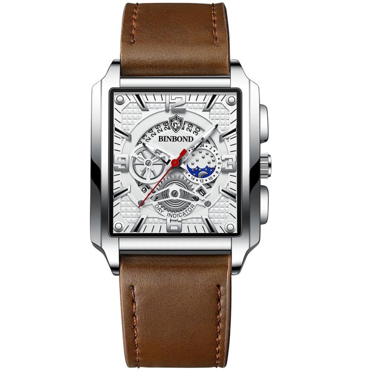 BINBOND B6575 Men Vintage Square Multifunctional Luminous Quartz Watch, Color: Brown Leather-White-White