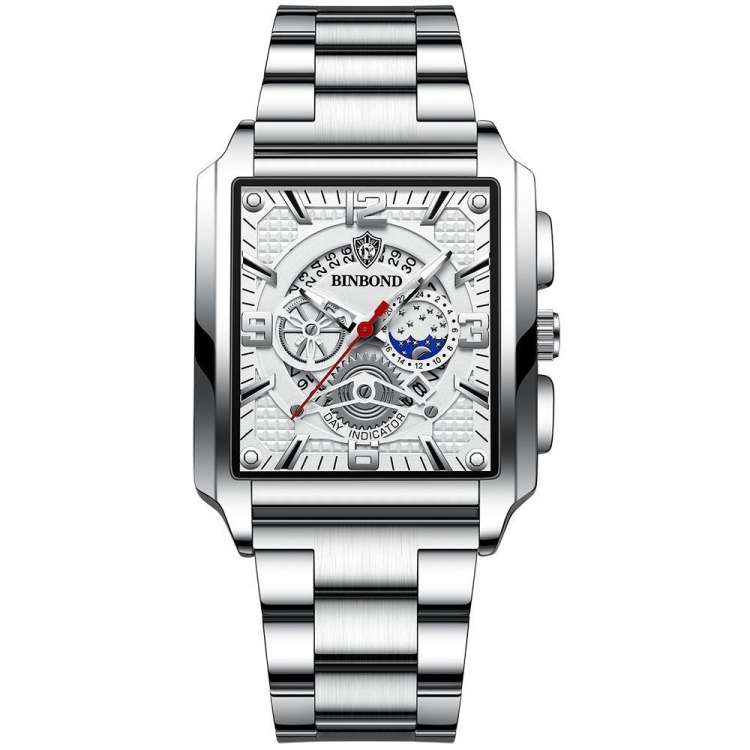 BINBOND B6575 Men Vintage Square Multifunctional Luminous Quartz Watch, Color: White-White