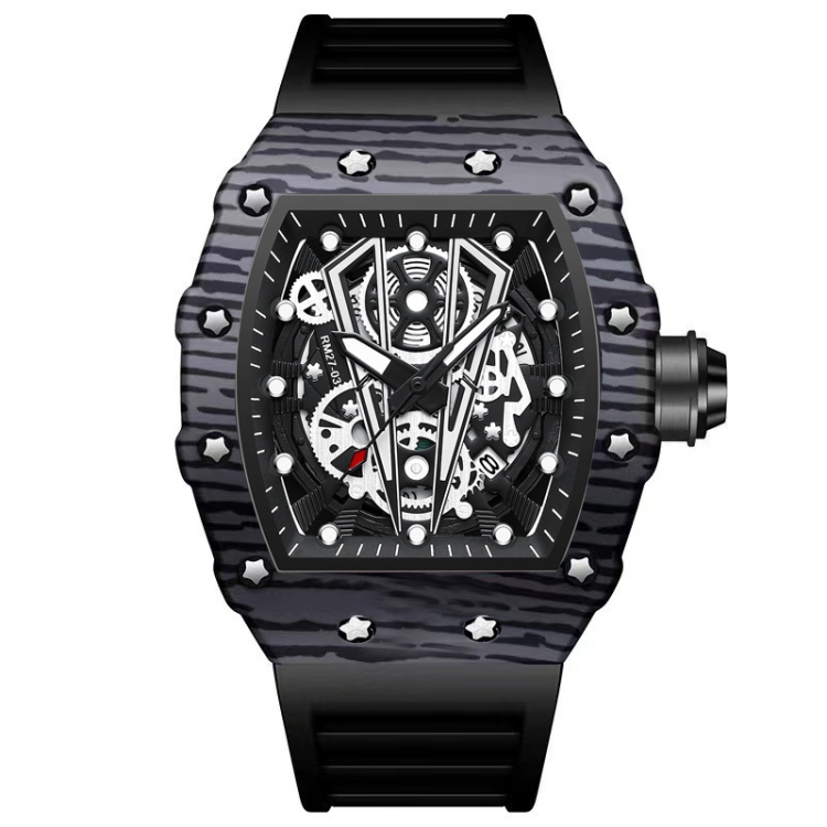 BINBOND B6577 Barrel Shape 30m Waterproof Sports Quartz Watch(Black Silicon-Black-Black)