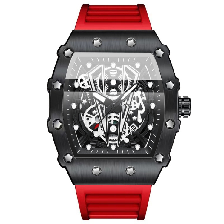 BINBOND B6577 Barrel Shape 30m Waterproof Sports Quartz Watch(Brushed-Red Silicone-Black-Black)