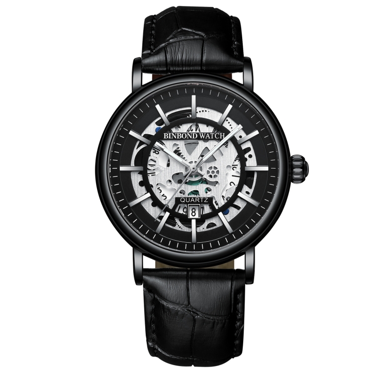 BINBOND B7872 Multifunctional Hollow Luminous Waterproof Quartz Watch, Color: Black Leather-Black-Black