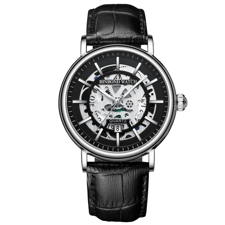 BINBOND B7872 Multifunctional Hollow Luminous Waterproof Quartz Watch, Color: Black Leather-White-Black