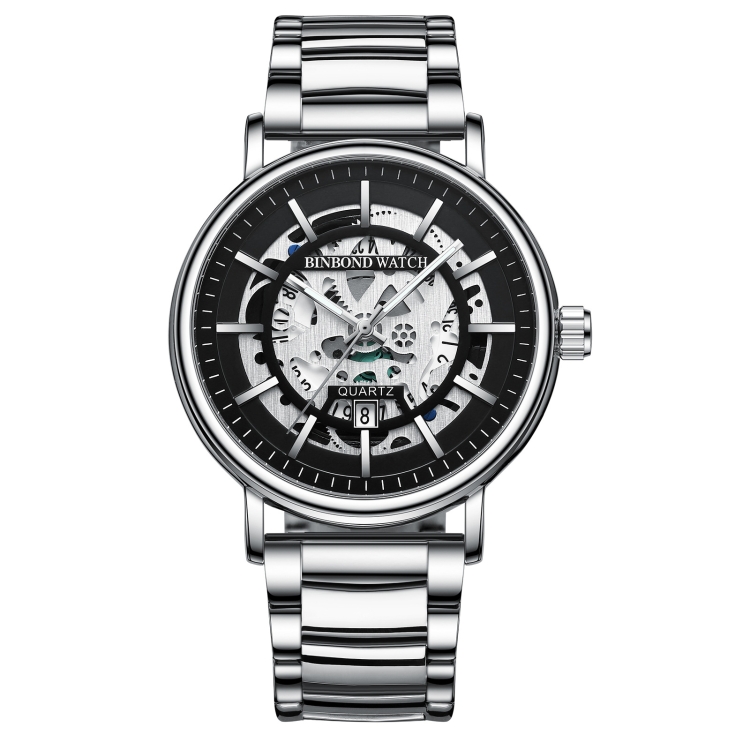 BINBOND B7872 Multifunctional Hollow Luminous Waterproof Quartz Watch, Color: White Steel-Black-White
