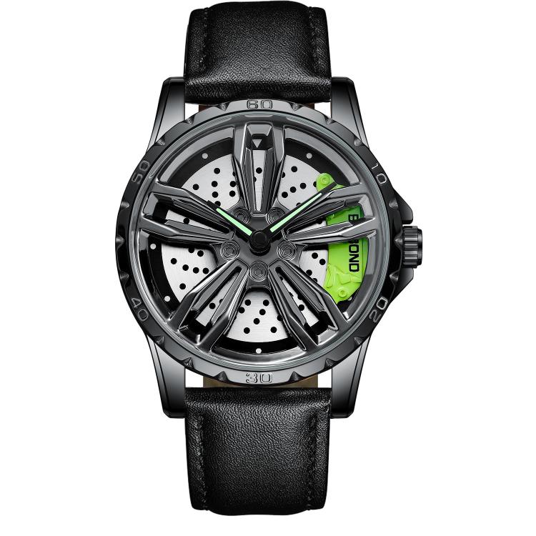 BINBOND D001 3D Hollow Motorcycle Rotating Wheel Watch, Color: Black Leather-Black Steel-Green