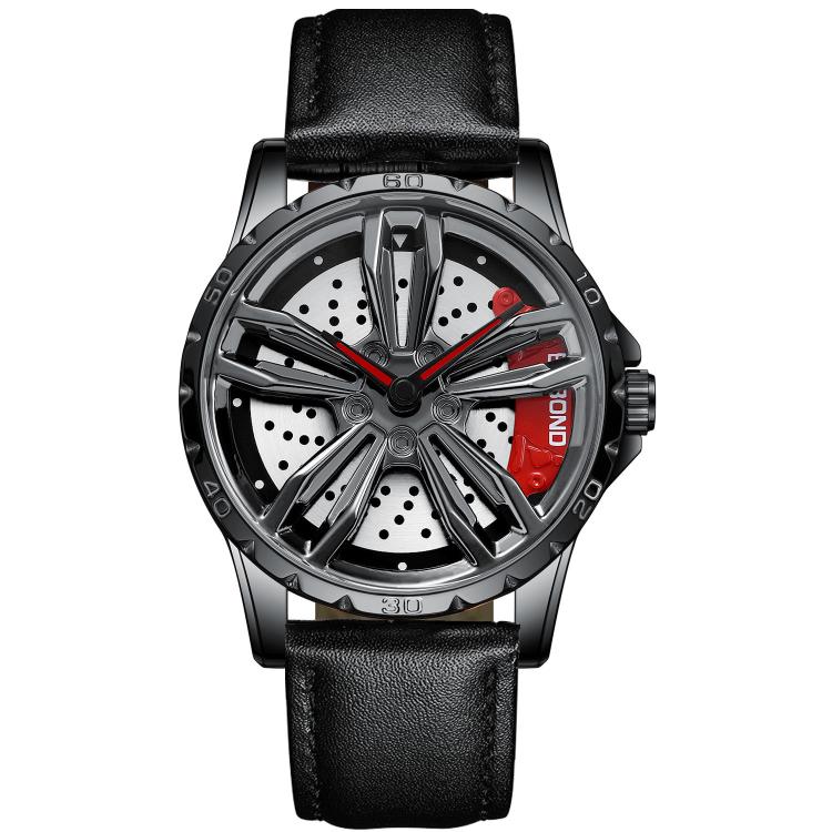 BINBOND D001 3D Hollow Motorcycle Rotating Wheel Watch, Color: Black Leather-Black Steel-Red