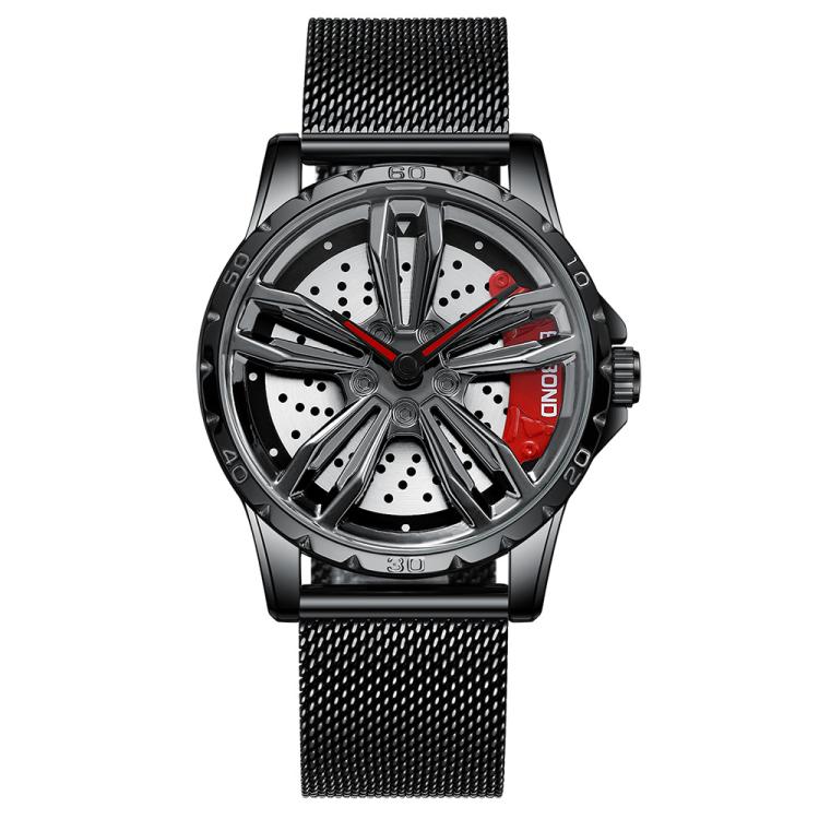 BINBOND D001 3D Hollow Motorcycle Rotating Wheel Watch, Color: Black Net-Black Steel-Red