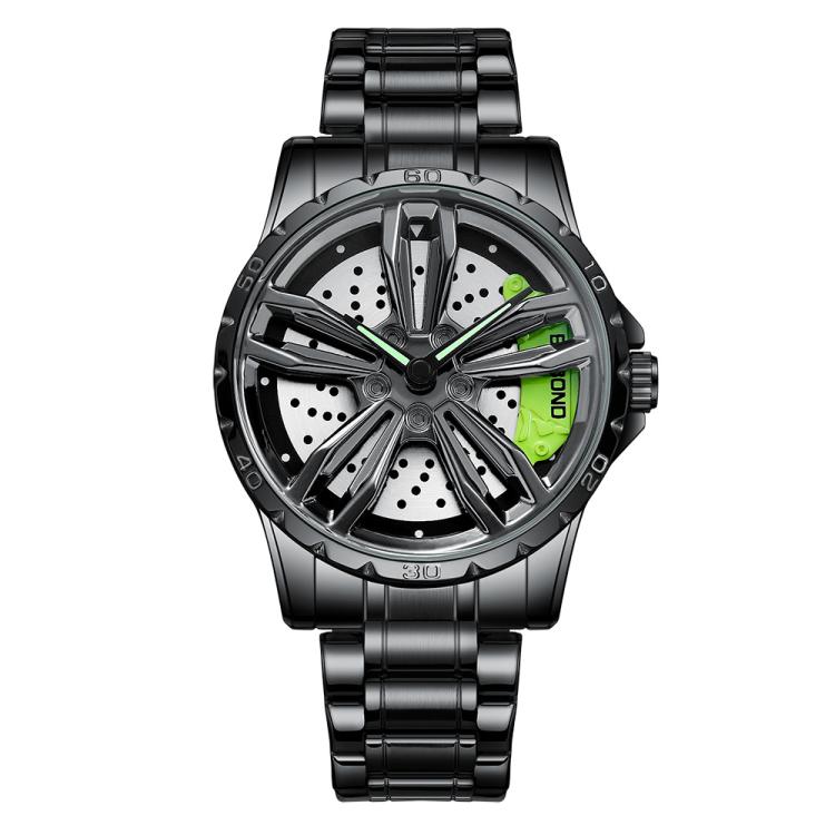 BINBOND D001 3D Hollow Motorcycle Rotating Wheel Watch, Color: Black Steel-Green